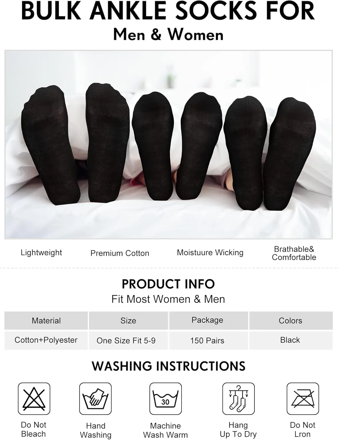150 Pairs Low Cut Ankle Socks Pack Comfortable Wicking Lightweight Ankle Casual No Show Short Socks for Men Women