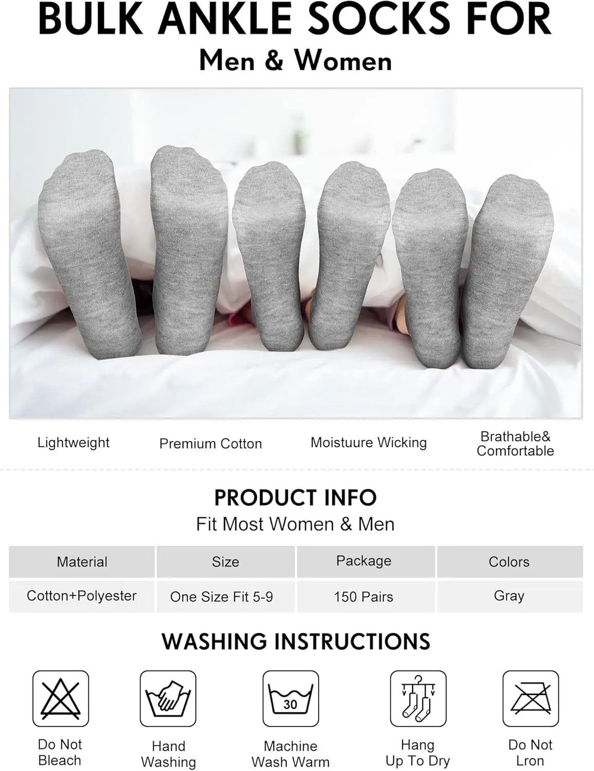 150 Pairs Low Cut Ankle Socks Pack Comfortable Wicking Lightweight Ankle Casual No Show Short Socks for Men Women