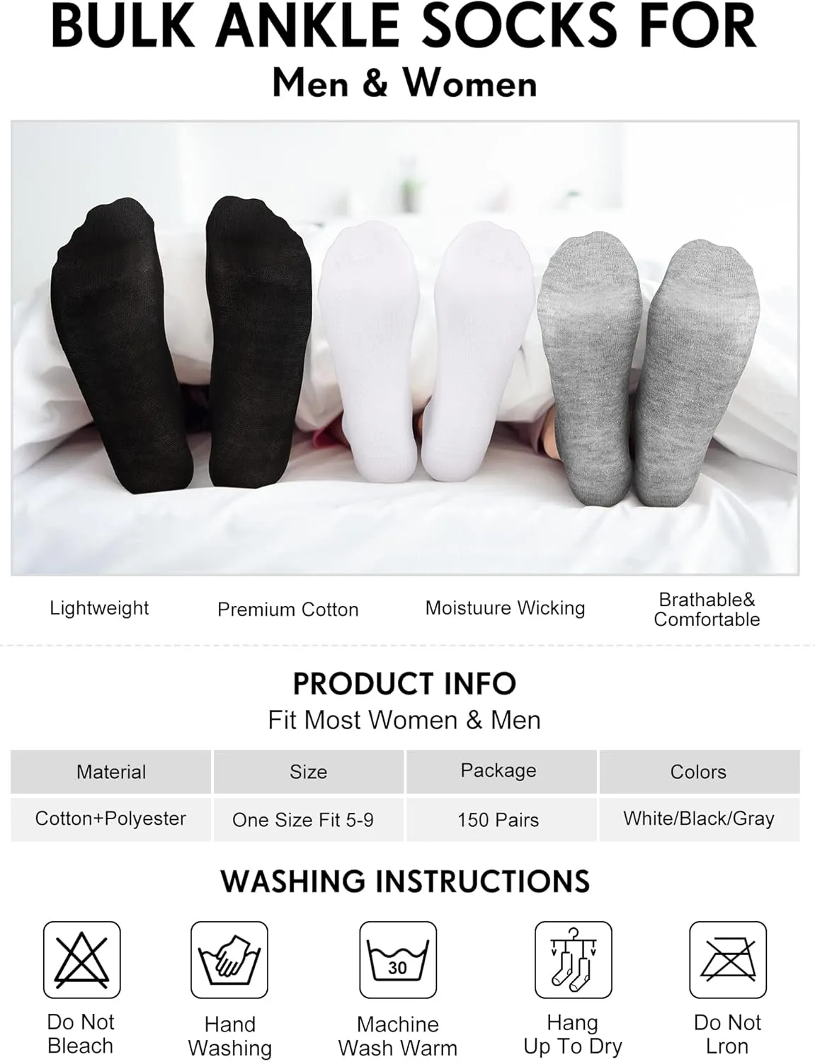 150 Pairs Low Cut Ankle Socks Pack Comfortable Wicking Lightweight Ankle Casual No Show Short Socks for Men Women