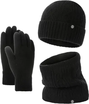3 in 1 Winter Classic Beanie Hat Neck Warm Scarf and Touch Screen Gloves Set Knit Cap Set for Women and Men