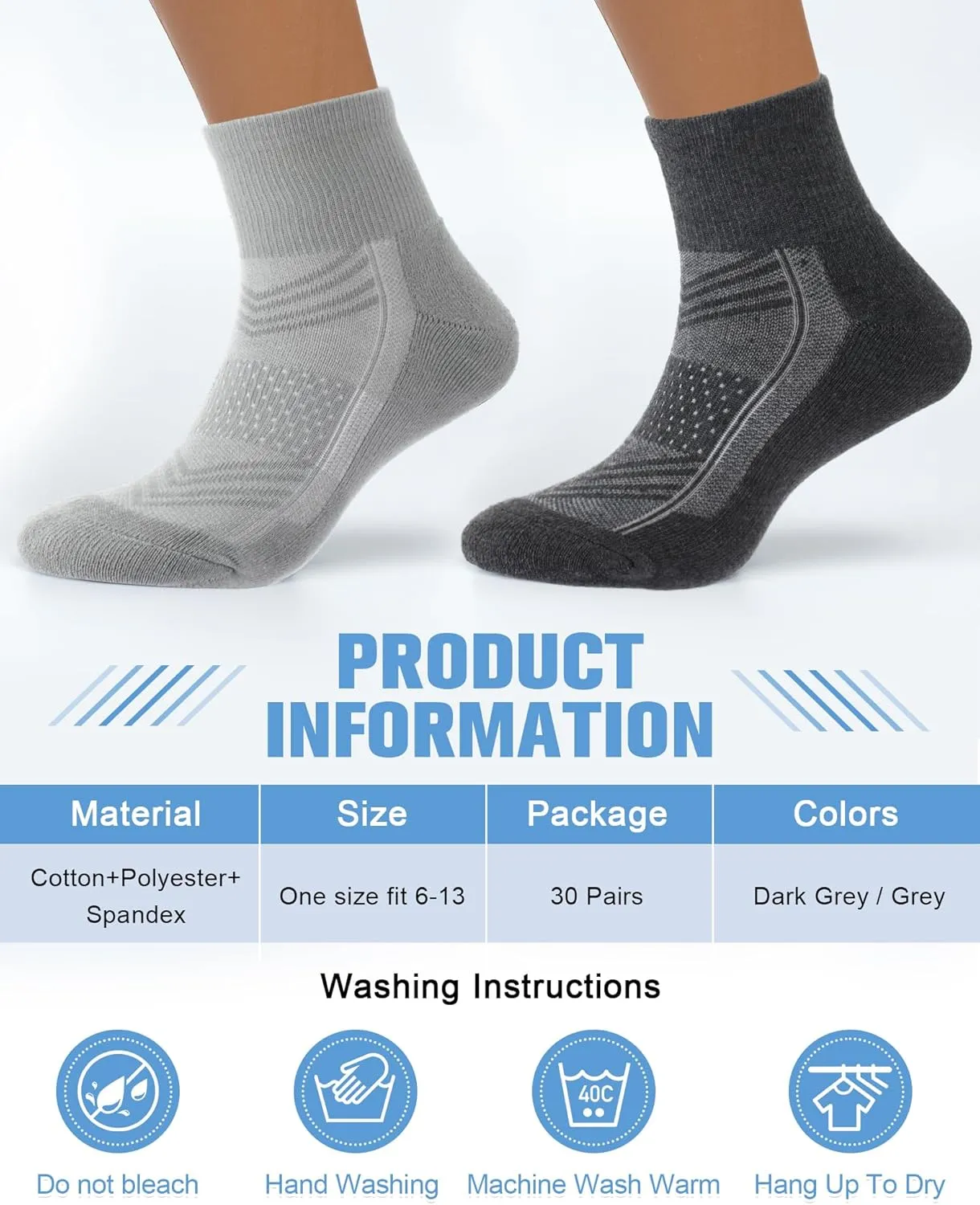 30 Pack Men's Ankle Socks with Cushion Athletic Sport Running Moisture Wicking Socks Bulk for Men and Women