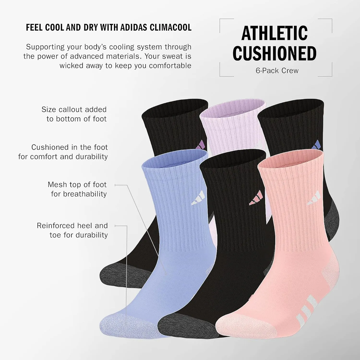 adidas Youth Athletic Cushioned 6-Pack Crew, Kid's Crew Socks for Sports, Durable & Breathable