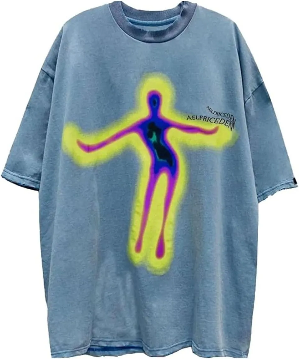 Aelfric Eden Mens Oversized T Shirts Tees Distorted Portrait Print Crew Neck Cotton Tops Streetwear Casual Shirt