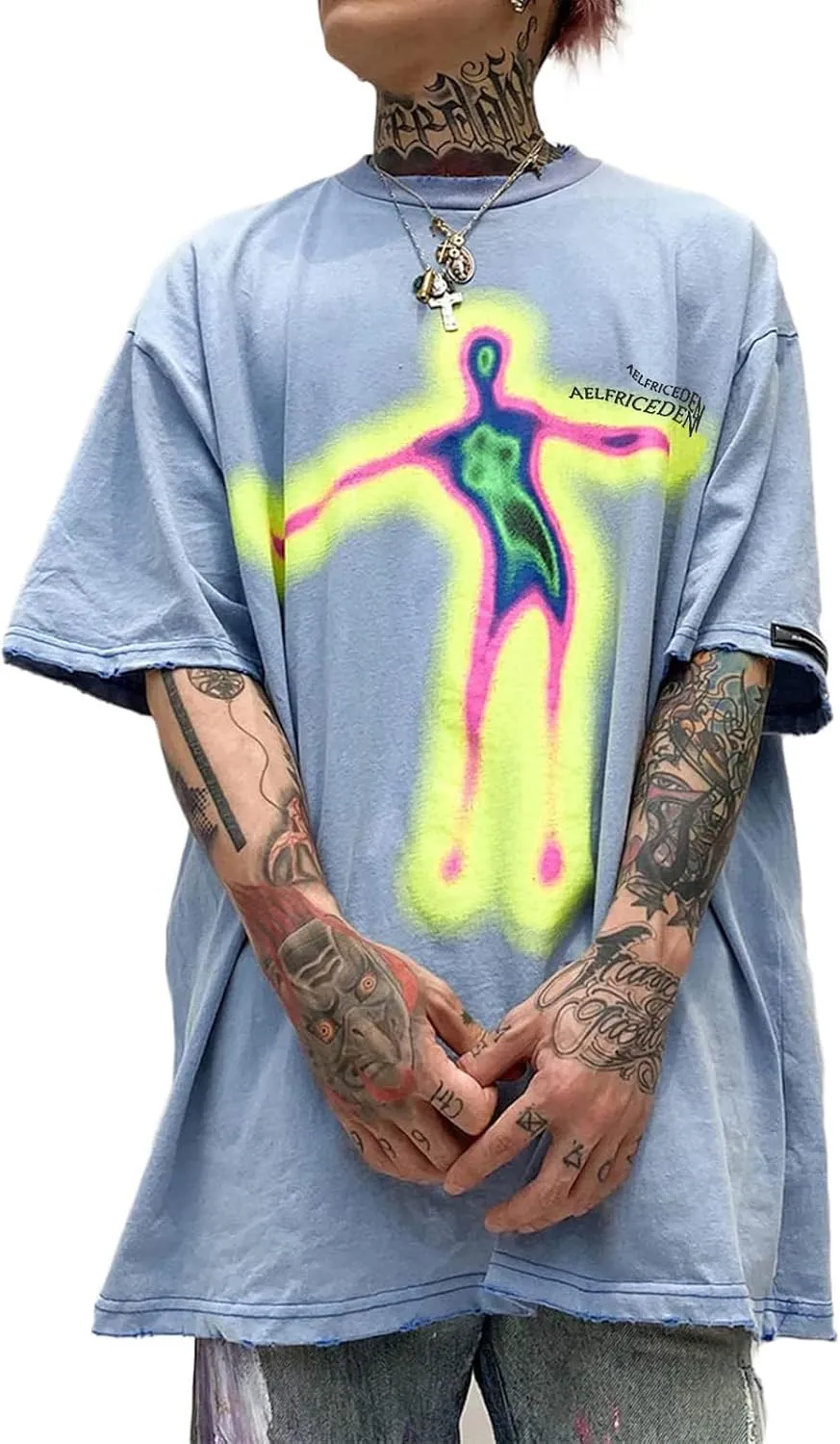 Aelfric Eden Mens Oversized T Shirts Tees Distorted Portrait Print Crew Neck Cotton Tops Streetwear Casual Shirt