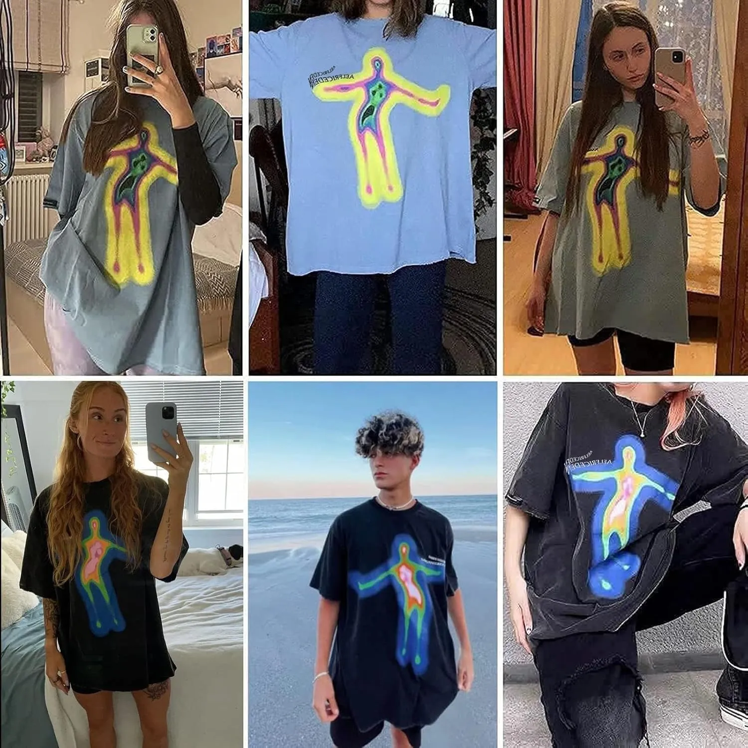 Aelfric Eden Mens Oversized T Shirts Tees Distorted Portrait Print Crew Neck Cotton Tops Streetwear Casual Shirt