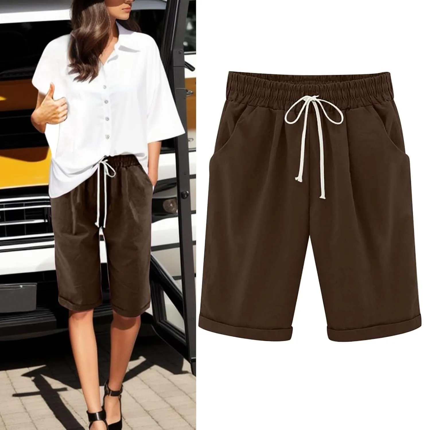 AMDBEL Bermuda Shorts for Women Trendy Women's Long Shorts with Pockets Cotton Sweat Shorts Jersey Knee Length Shorts Summer