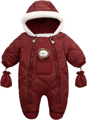 Baby Winter Snowsuit Warm Coat Romper Infant Hoodie Jumpsuit Footie Outwear with Gloves for (Wine, 18-24 Months)