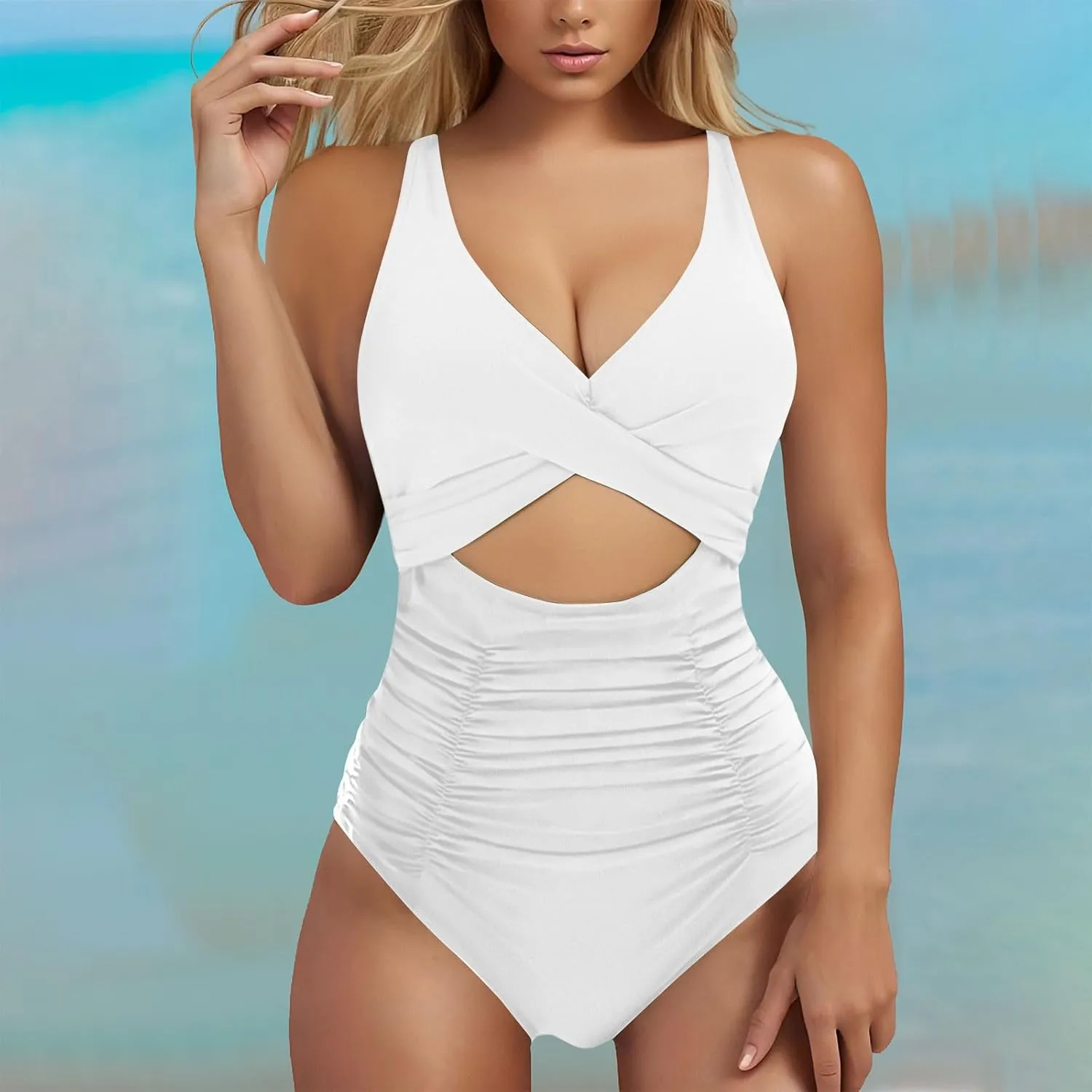 Bathing Suit for Women Tummy Control One Piece Swimsuit Criss Cross V Neck Monokini High Waisted Cutout Swimwear