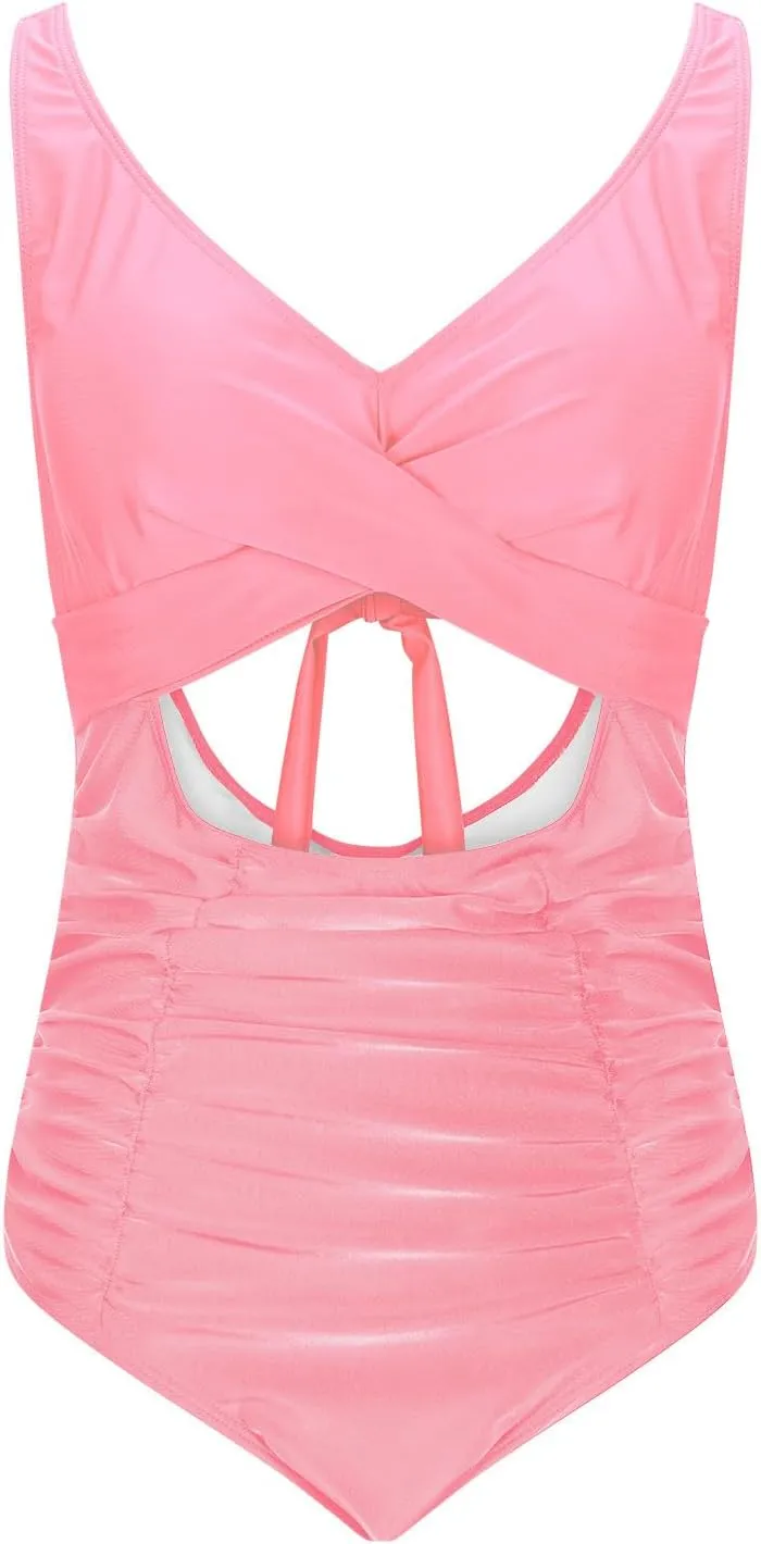 Bathing Suit for Women Tummy Control One Piece Swimsuit Criss Cross V Neck Monokini High Waisted Cutout Swimwear