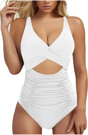 Bathing Suit for Women Tummy Control One Piece Swimsuit Criss Cross V Neck Monokini High Waisted Cutout Swimwear