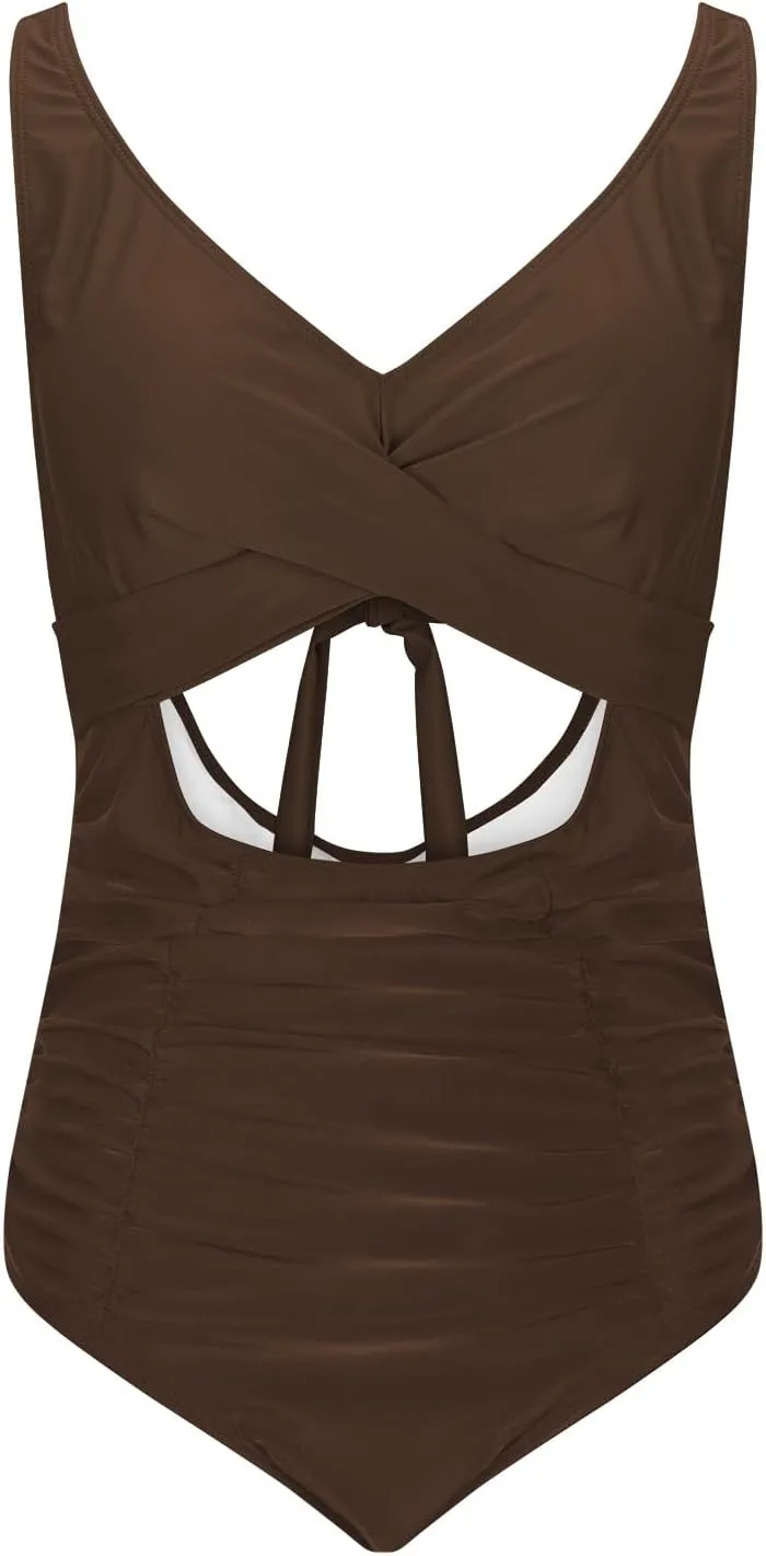 Bathing Suit for Women Tummy Control One Piece Swimsuit Criss Cross V Neck Monokini High Waisted Cutout Swimwear