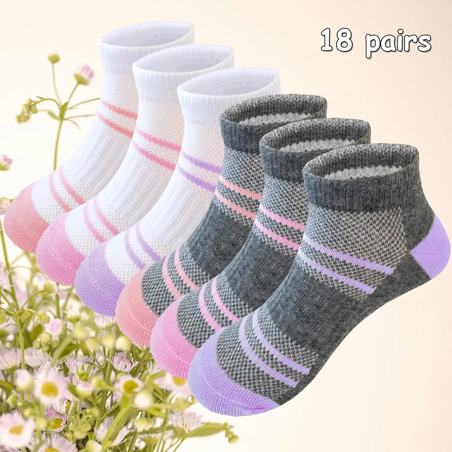 Bemeol Girls Socks 18 Pairs Kids Ankle Socks for Girls Cotton Sports Low Cut Athletic Socks