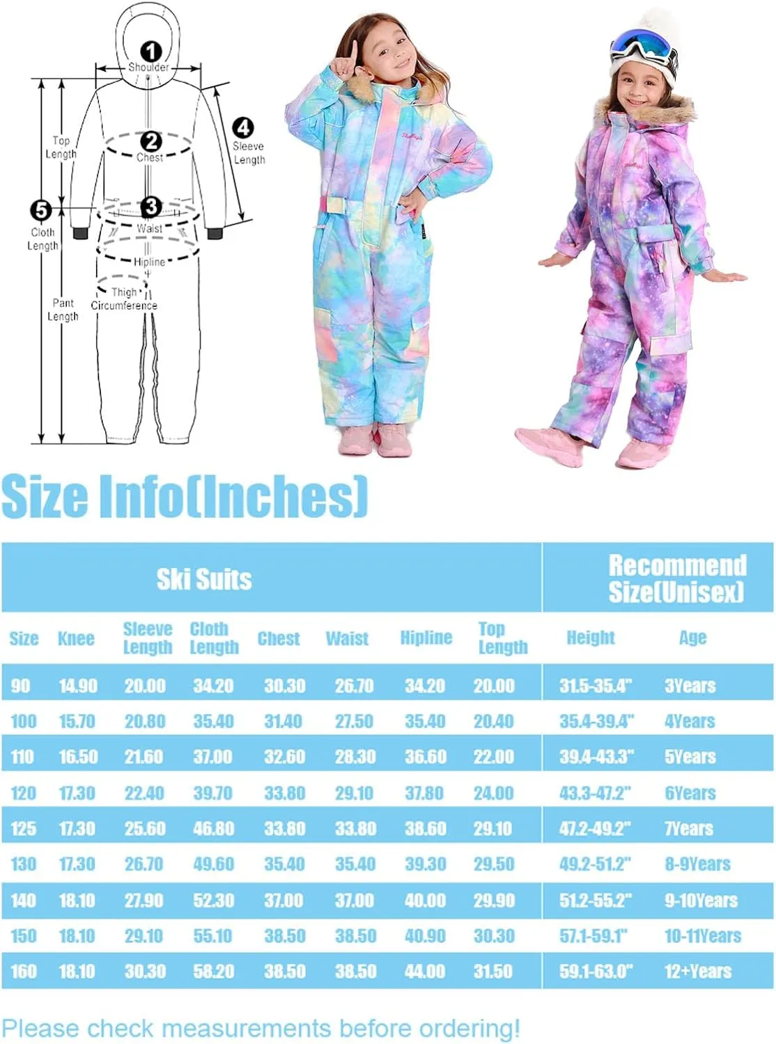 BGX Bluemagic Kids One Piece Snowsuits Overalls Ski Suits Jackets Coats Jumpsuits Winter Outdoor Waterproof Snowboarding