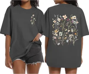 Boho Floral Graphic Tees Vintage Flower T Shirt for Women Oversized Wildflowers Cottagecore Shirts Garden Lover Tops