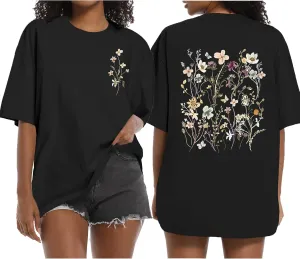 Boho Floral Graphic Tees Vintage Flower T Shirt for Women Oversized Wildflowers Cottagecore Shirts Garden Lover Tops