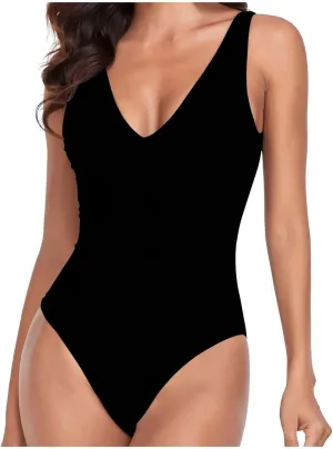 BOXIACEY Womens One Piece Swimsuits V Neck Backless Bodysuit Tummy Control Bathing Suit Beach Solid Color Swimwear