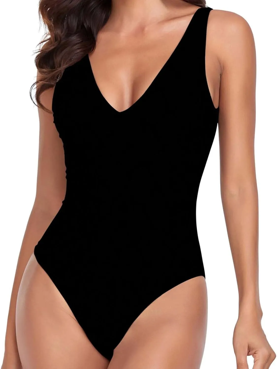 BOXIACEY Womens One Piece Swimsuits V Neck Backless Bodysuit Tummy Control Bathing Suit Beach Solid Color Swimwear