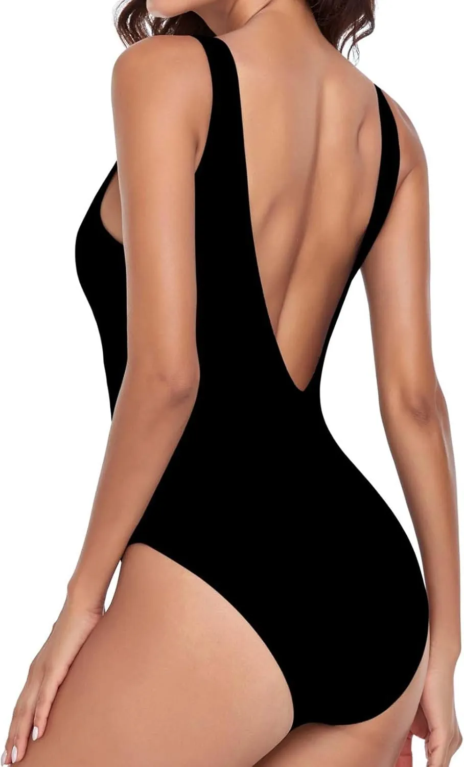 BOXIACEY Womens One Piece Swimsuits V Neck Backless Bodysuit Tummy Control Bathing Suit Beach Solid Color Swimwear