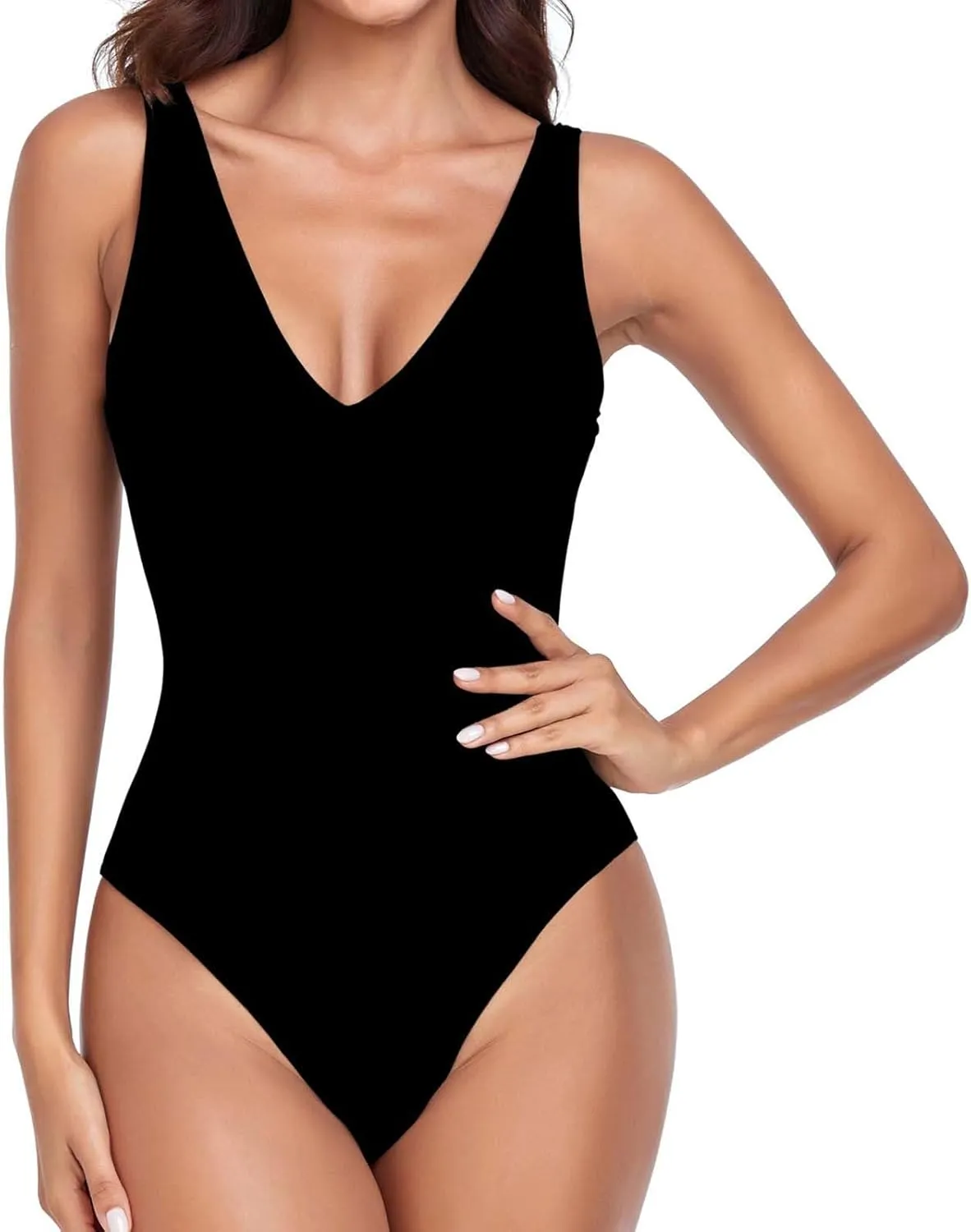 BOXIACEY Womens One Piece Swimsuits V Neck Backless Bodysuit Tummy Control Bathing Suit Beach Solid Color Swimwear
