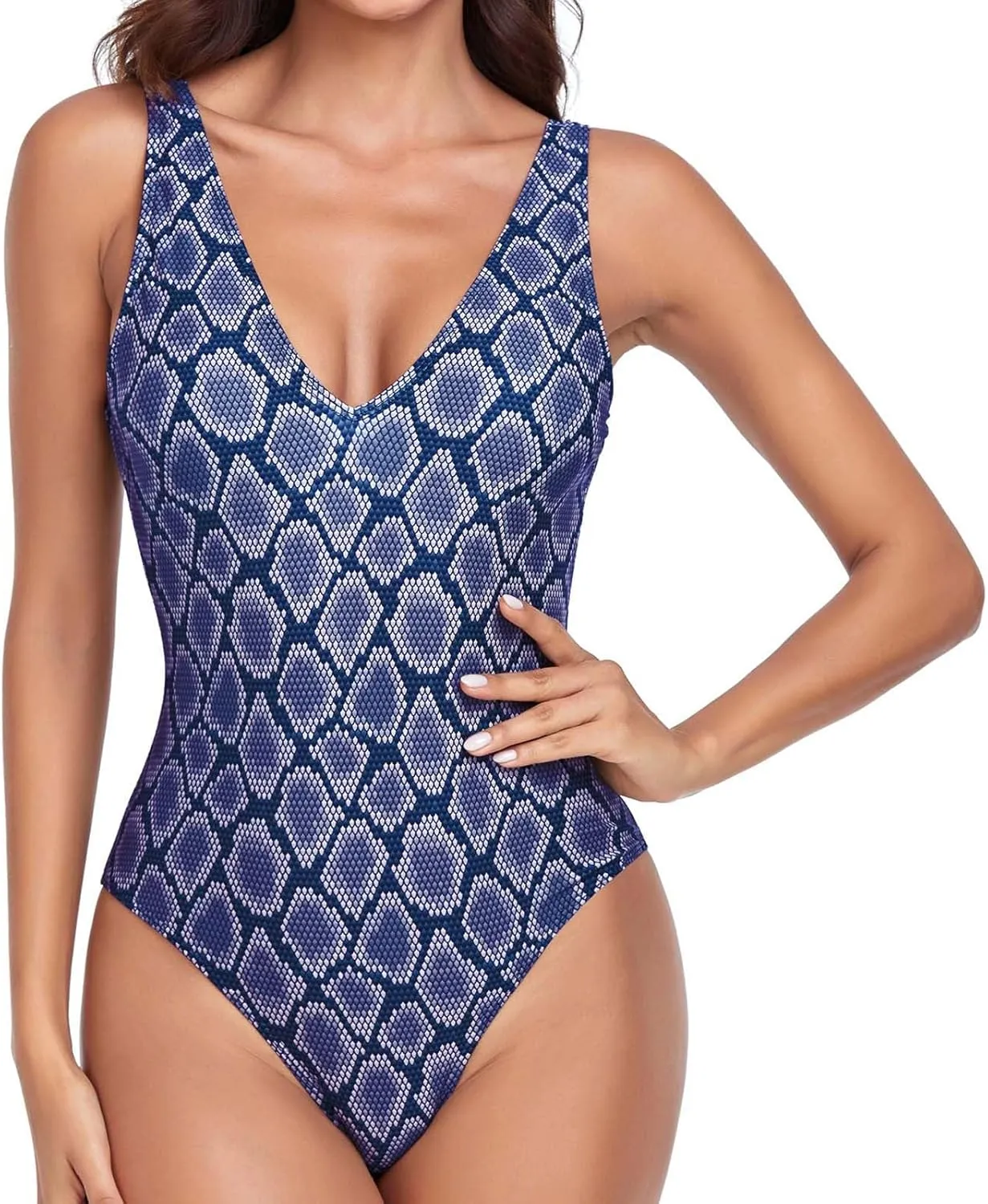 BOXIACEY Womens One Piece Swimsuits V Neck Backless Bodysuit Tummy Control Bathing Suit Beach Solid Color Swimwear