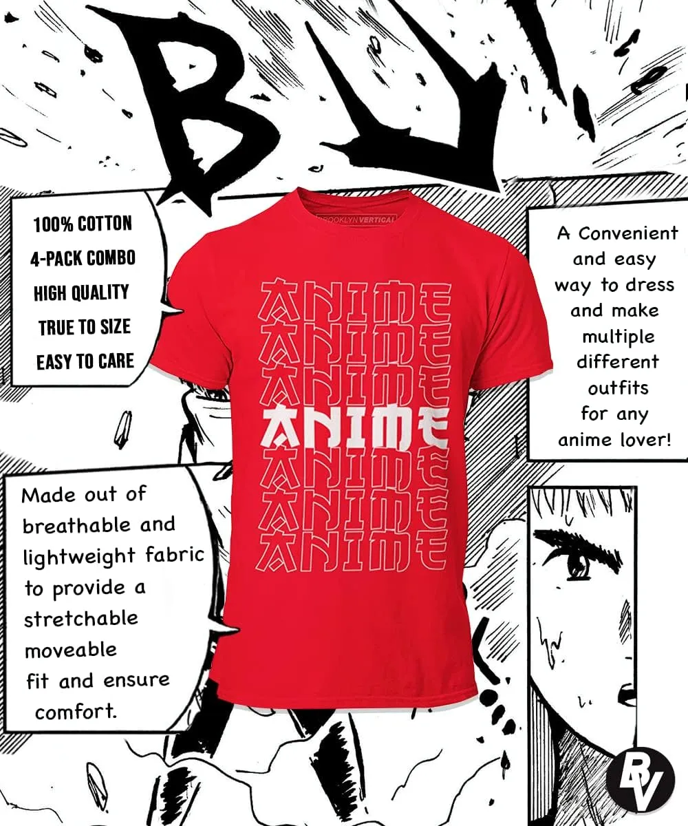 BROOKLYN VERTICAL 4-Pack Anime Japanese Art Short Sleeve Printed T-Shirts for Boys and Girls Ages 6 to 20| Size S-XL