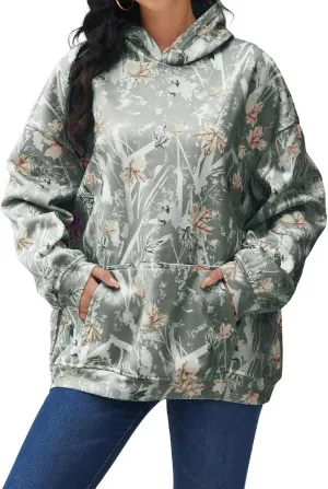 Camo Hoodie Womens Trendy Oversized Hooded Sweatshirt Maple Leaf Print Color Block Pullover Sweatshirts