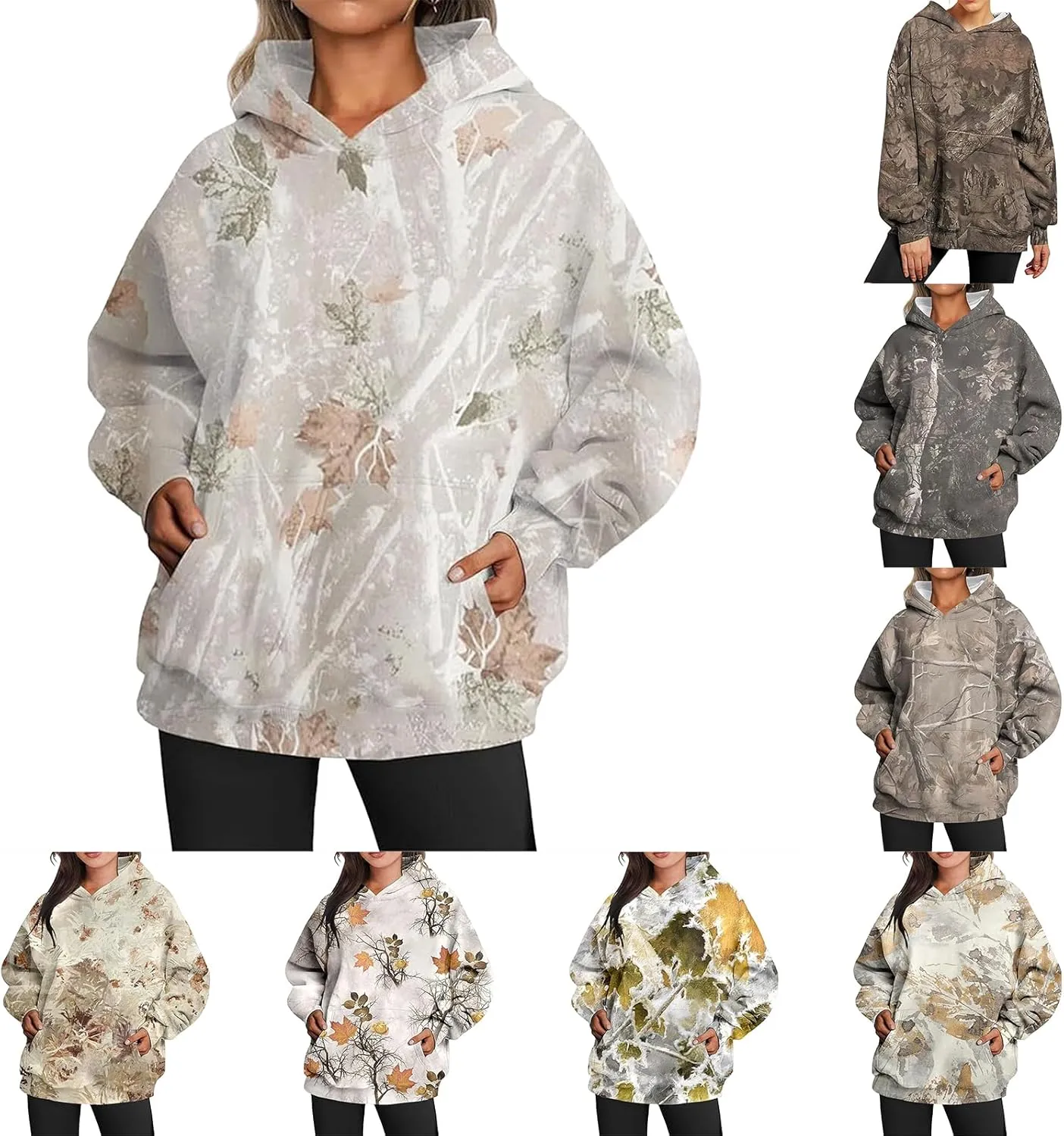 Camo Hoodie Womens Trendy Oversized Hooded Sweatshirt Maple Leaf Print Color Block Pullover Sweatshirts