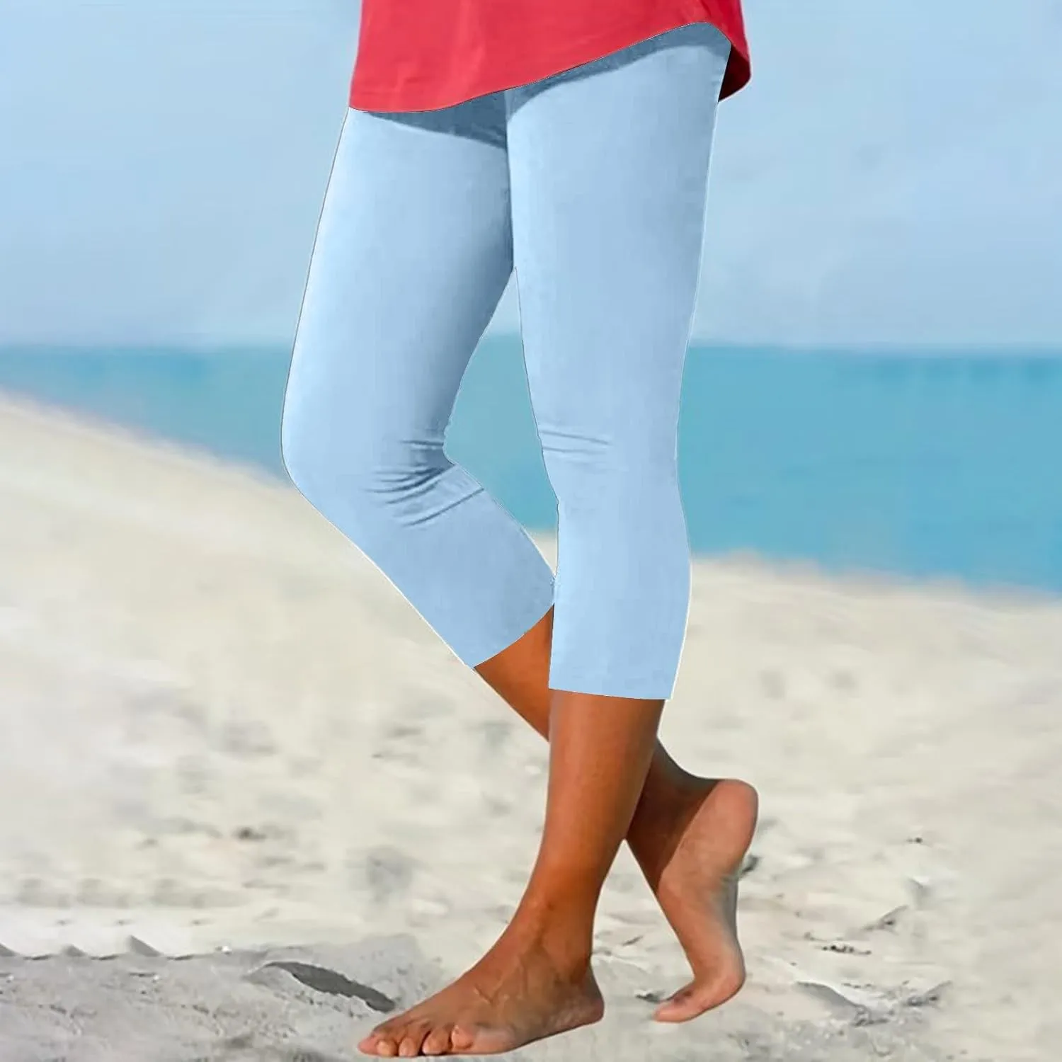 Capri Leggings for Women Plus Size Tummy Control Knee Length No Pockets High Waisted Yoga Pants Soft Workout Tights
