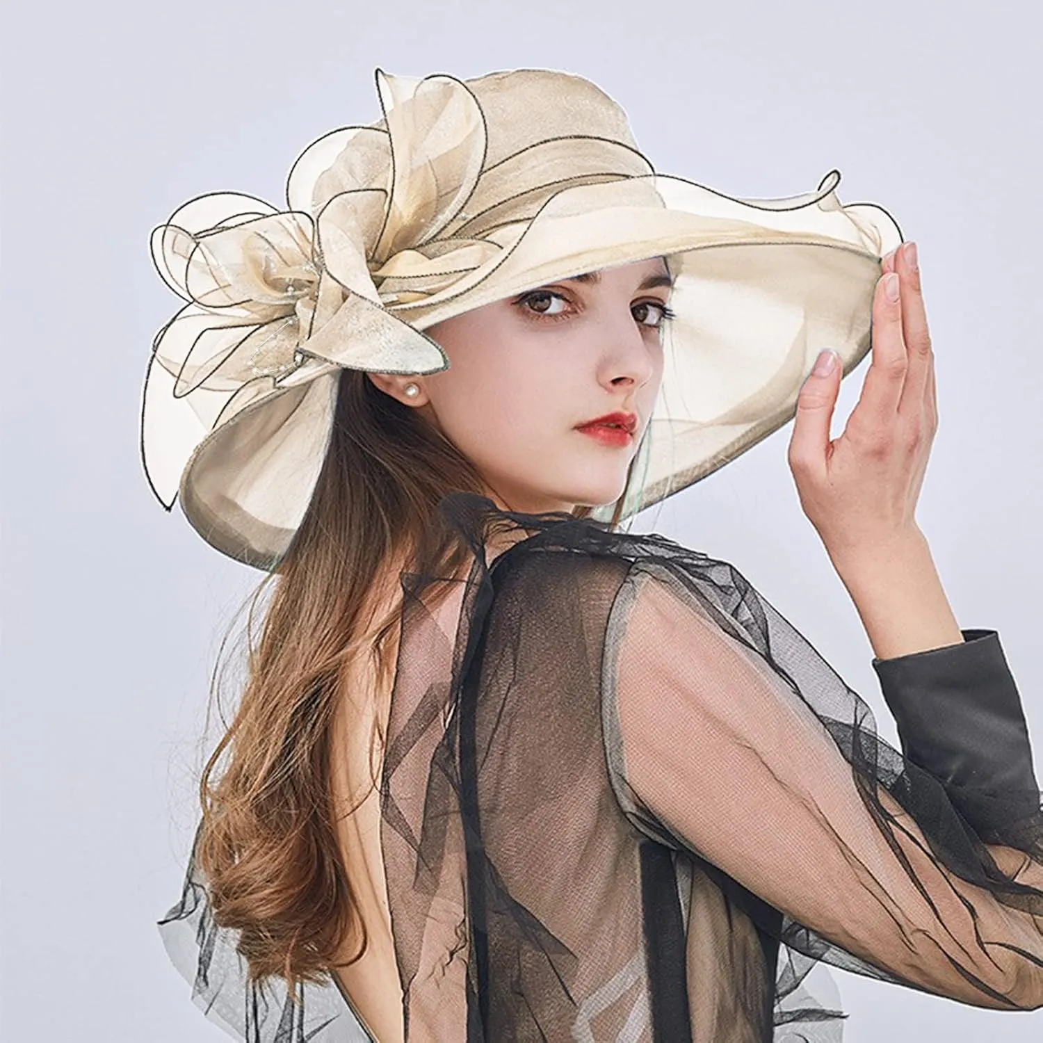 Church Hats for Women Organza Wide Brim Sun Hats with Flower Tea Party Church Bridal Beach Fascinators Bucket Hats