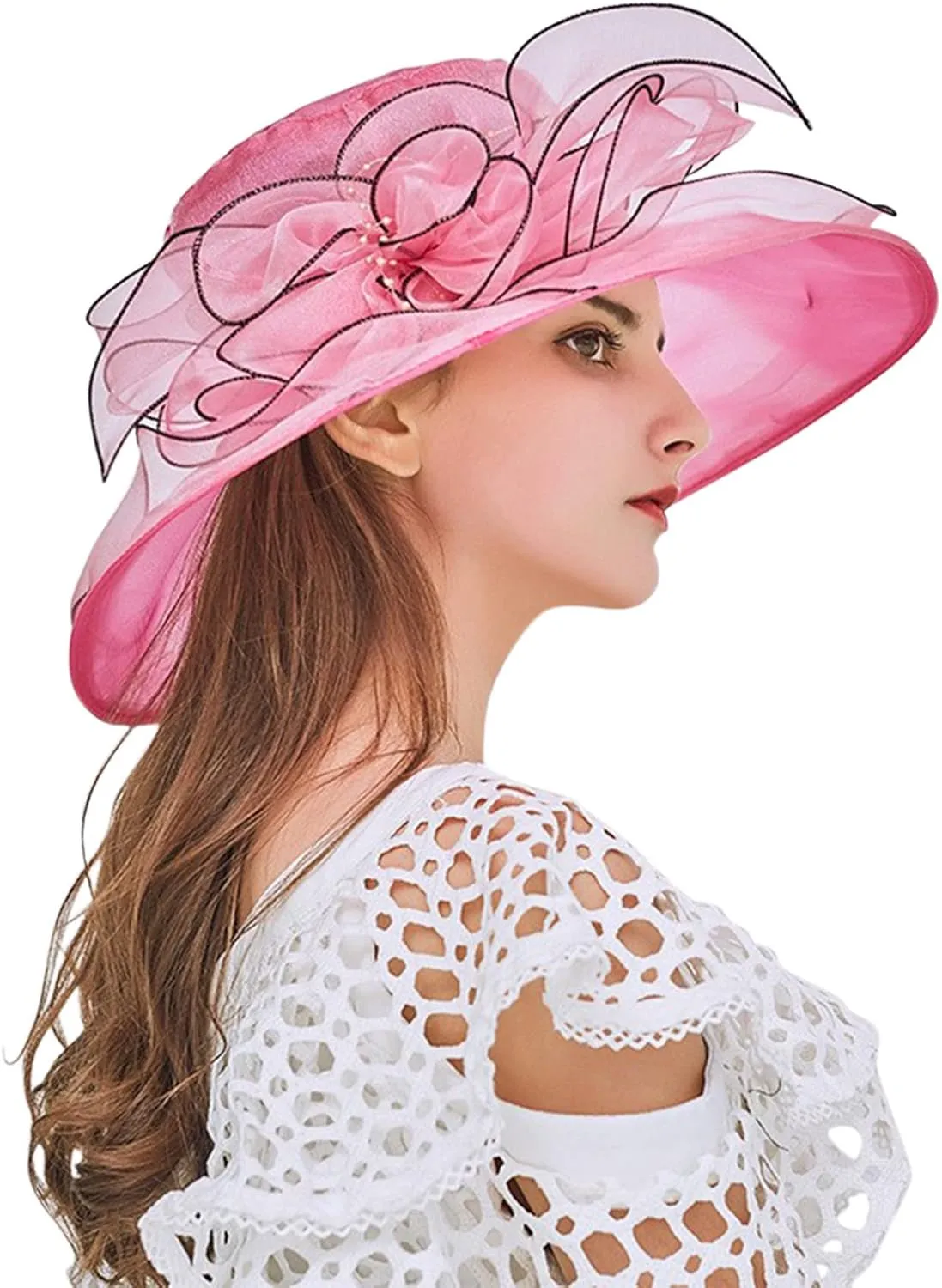 Church Hats for Women Organza Wide Brim Sun Hats with Flower Tea Party Church Bridal Beach Fascinators Bucket Hats