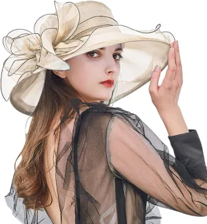 Church Hats for Women Organza Wide Brim Sun Hats with Flower Tea Party Church Bridal Beach Fascinators Bucket Hats