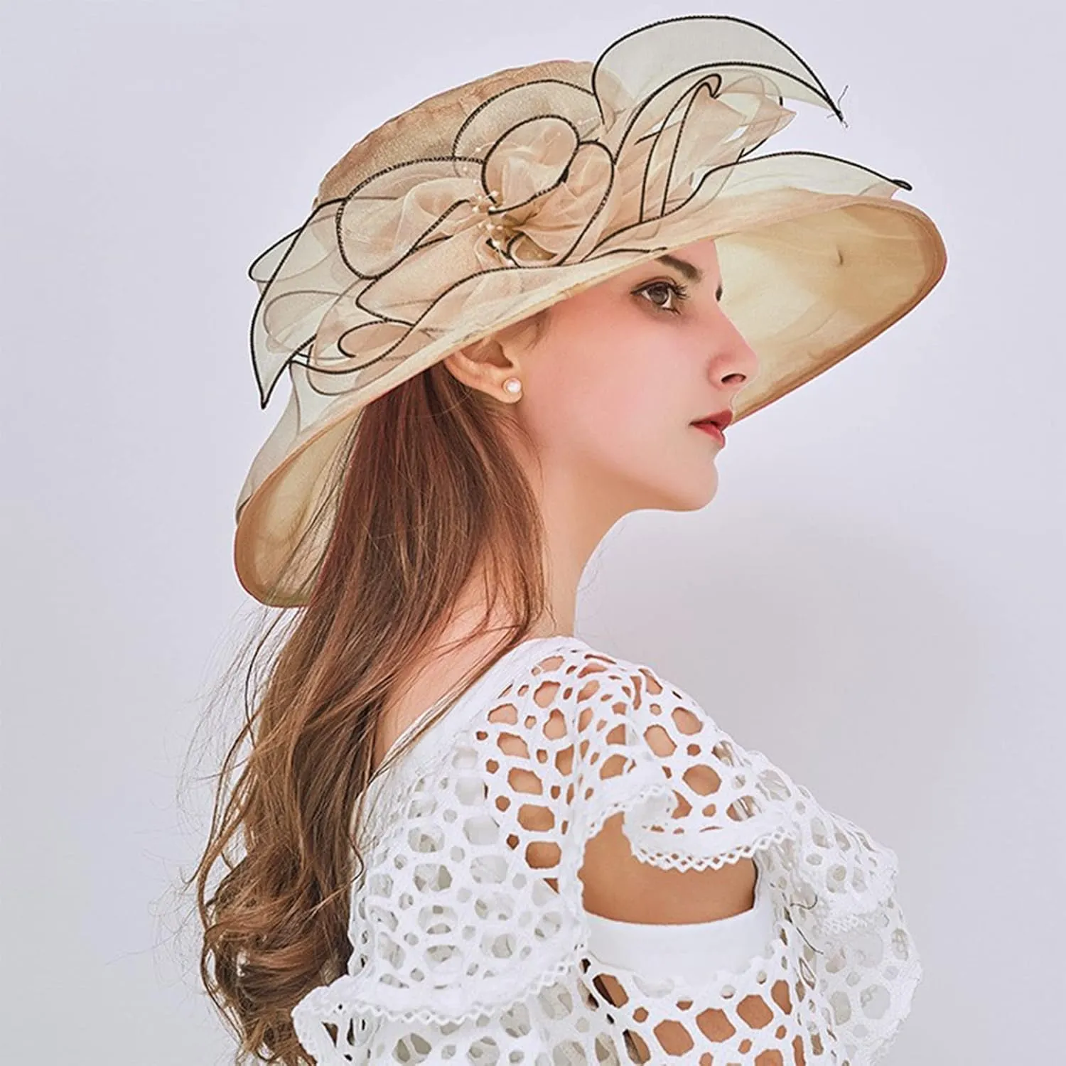 Church Hats for Women Organza Wide Brim Sun Hats with Flower Tea Party Church Bridal Beach Fascinators Bucket Hats