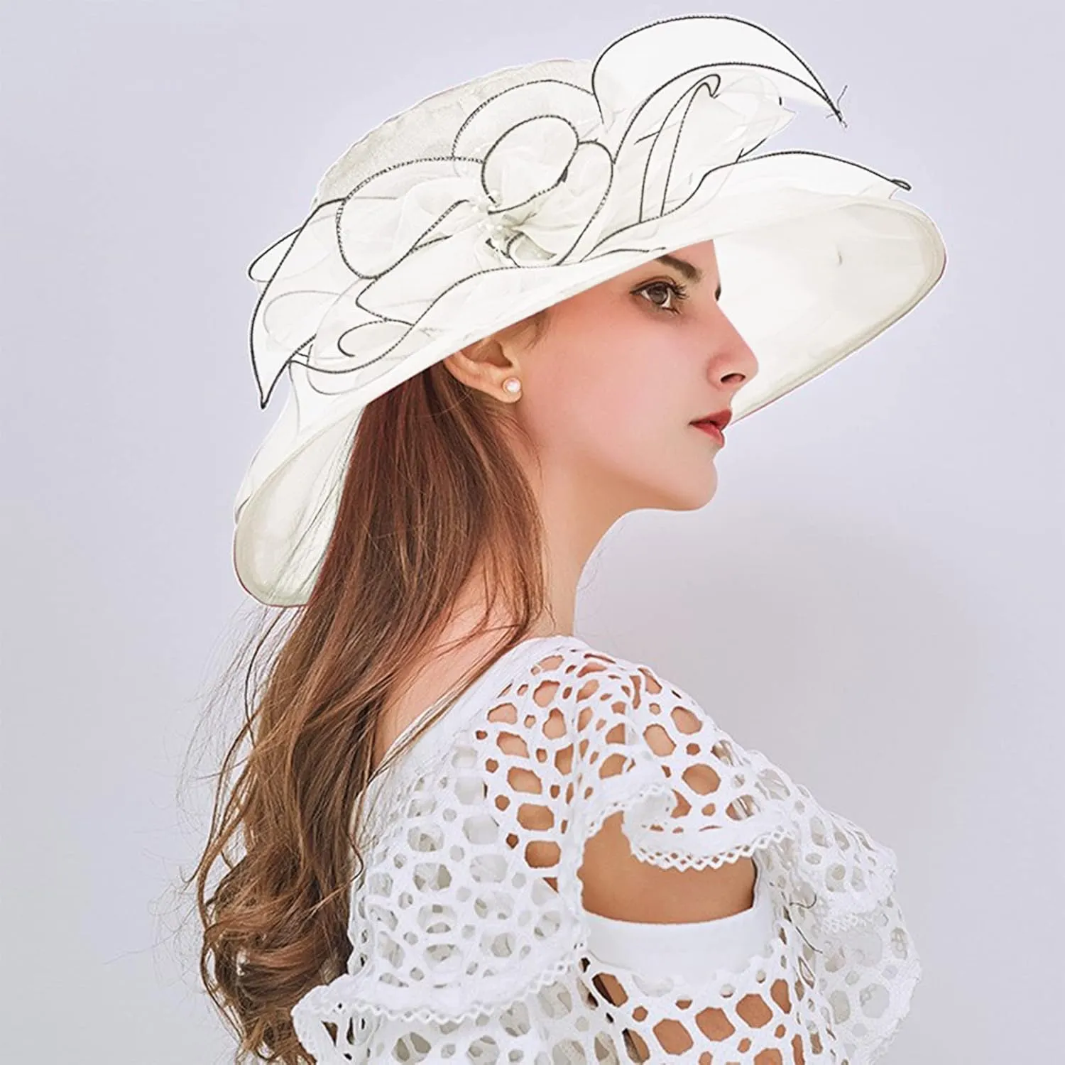 Church Hats for Women Organza Wide Brim Sun Hats with Flower Tea Party Church Bridal Beach Fascinators Bucket Hats