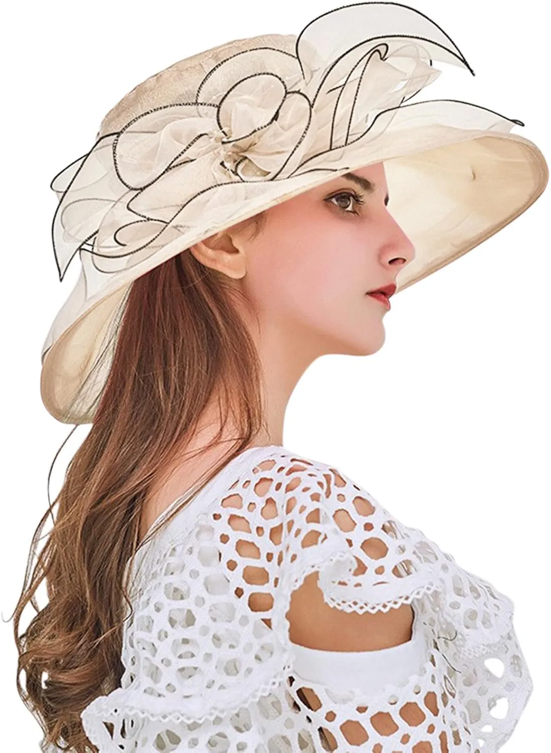 Church Hats for Women Organza Wide Brim Sun Hats with Flower Tea Party Church Bridal Beach Fascinators Bucket Hats