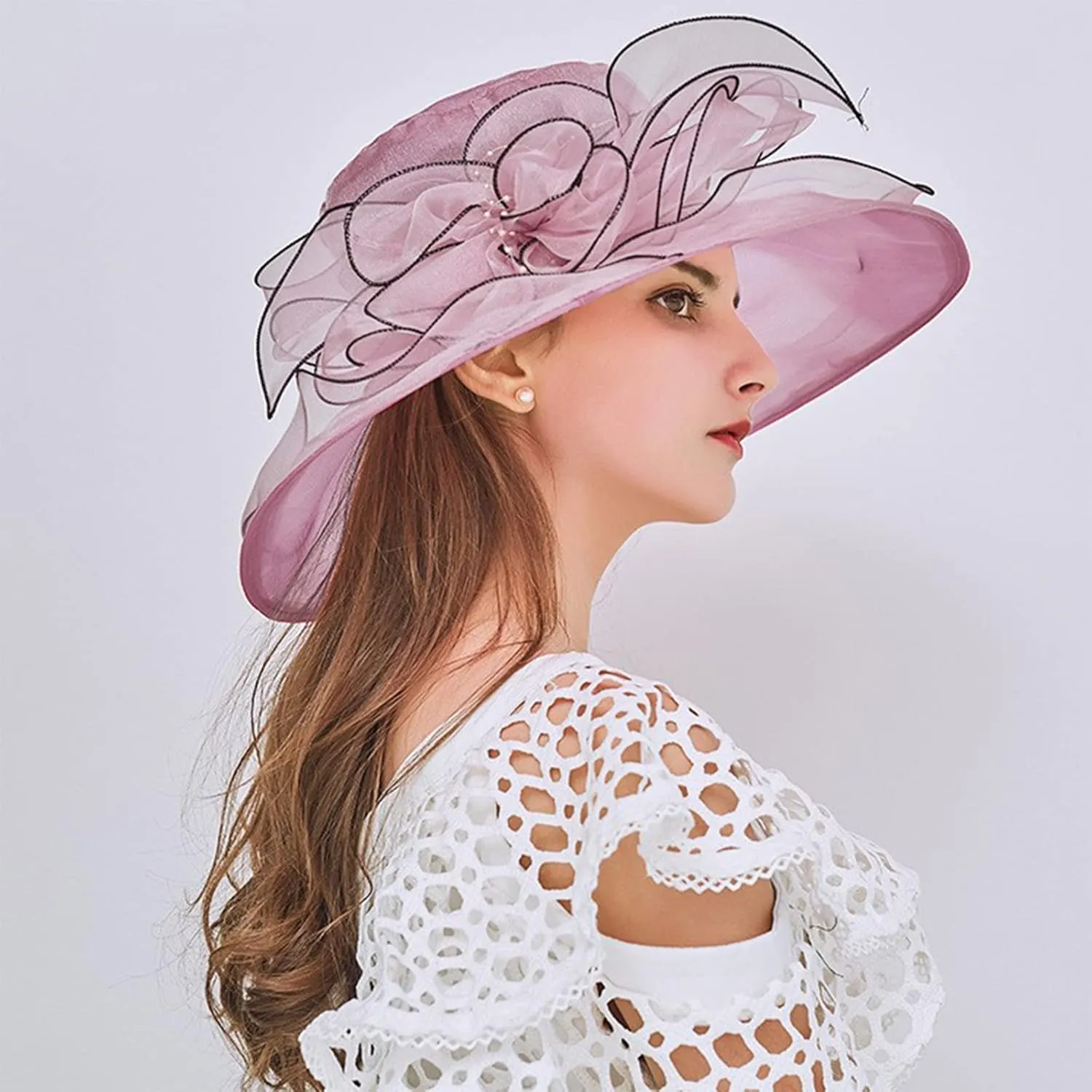 Church Hats for Women Organza Wide Brim Sun Hats with Flower Tea Party Church Bridal Beach Fascinators Bucket Hats