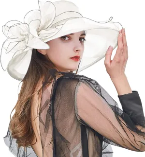 Church Hats for Women Organza Wide Brim Sun Hats with Flower Tea Party Church Bridal Beach Fascinators Bucket Hats