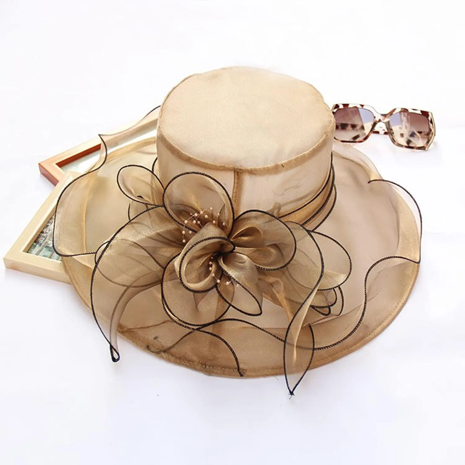 Church Hats for Women Organza Wide Brim Sun Hats with Flower Tea Party Church Bridal Beach Fascinators Bucket Hats