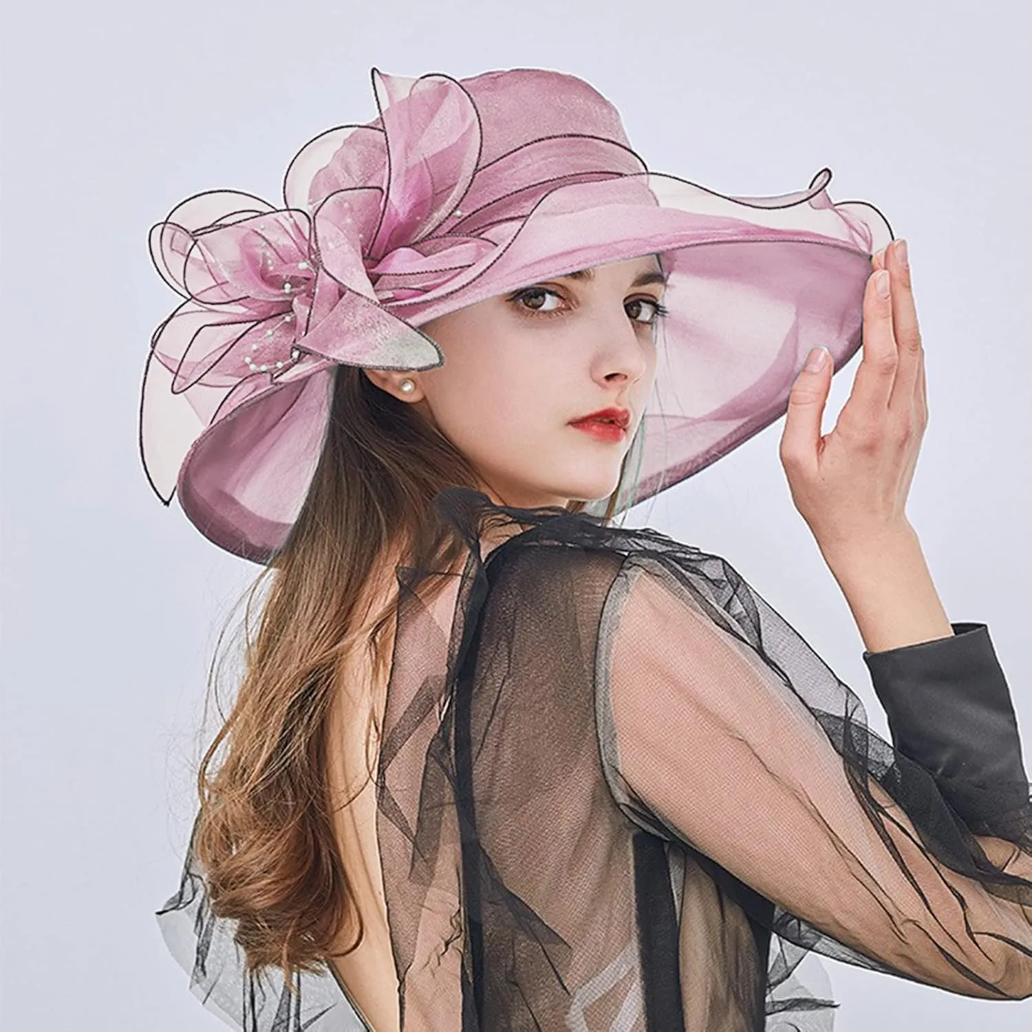 Church Hats for Women Organza Wide Brim Sun Hats with Flower Tea Party Church Bridal Beach Fascinators Bucket Hats