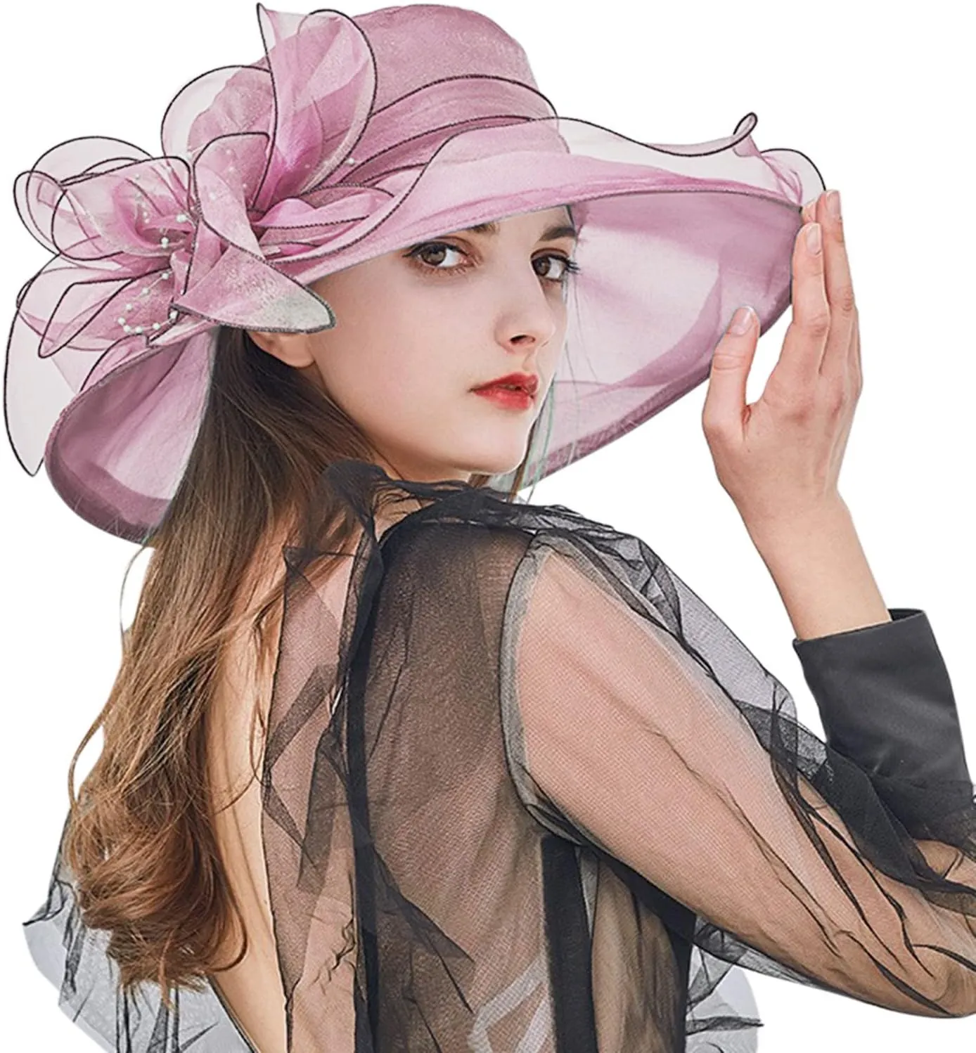 Church Hats for Women Organza Wide Brim Sun Hats with Flower Tea Party Church Bridal Beach Fascinators Bucket Hats