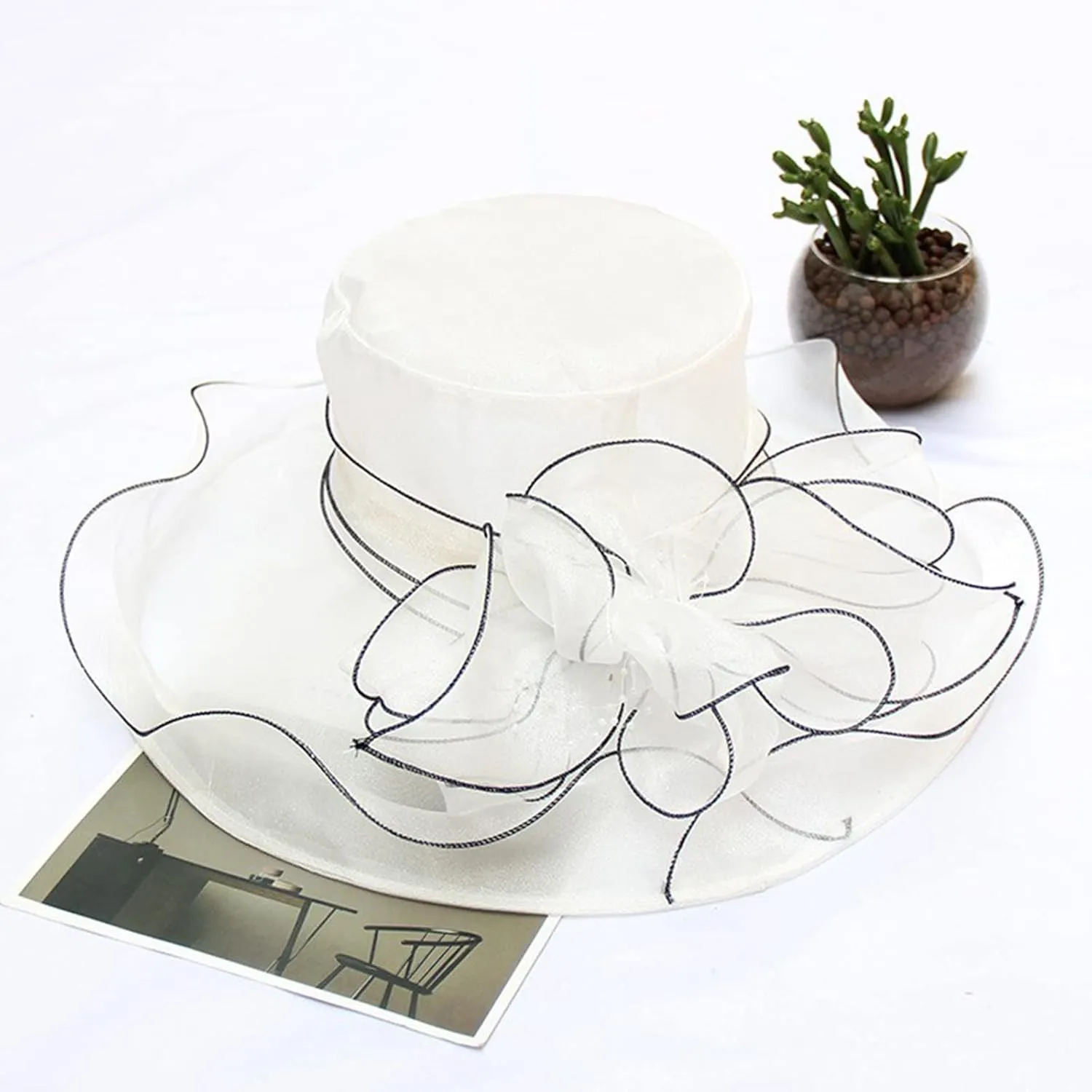 Church Hats for Women Organza Wide Brim Sun Hats with Flower Tea Party Church Bridal Beach Fascinators Bucket Hats