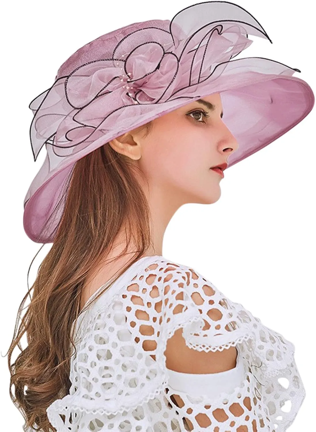 Church Hats for Women Organza Wide Brim Sun Hats with Flower Tea Party Church Bridal Beach Fascinators Bucket Hats