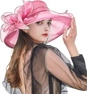 Church Hats for Women Organza Wide Brim Sun Hats with Flower Tea Party Church Bridal Beach Fascinators Bucket Hats