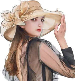 Church Hats for Women Organza Wide Brim Sun Hats with Flower Tea Party Church Bridal Beach Fascinators Bucket Hats
