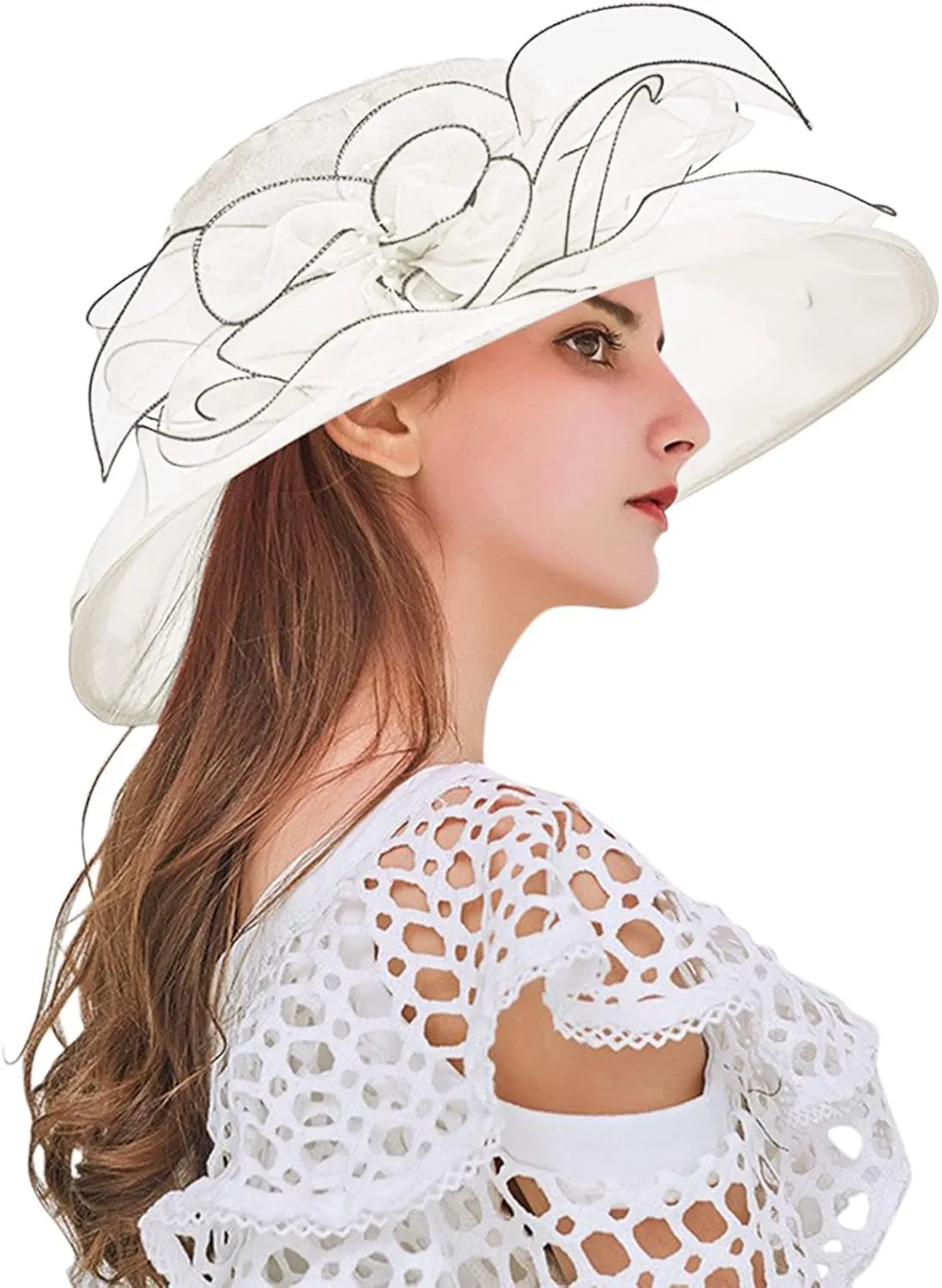 Church Hats for Women Organza Wide Brim Sun Hats with Flower Tea Party Church Bridal Beach Fascinators Bucket Hats