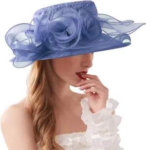 Church Hats for Women Organza Wide Brim Sun Hats with Flower Tea Party Church Bridal Beach Fascinators Bucket Hats