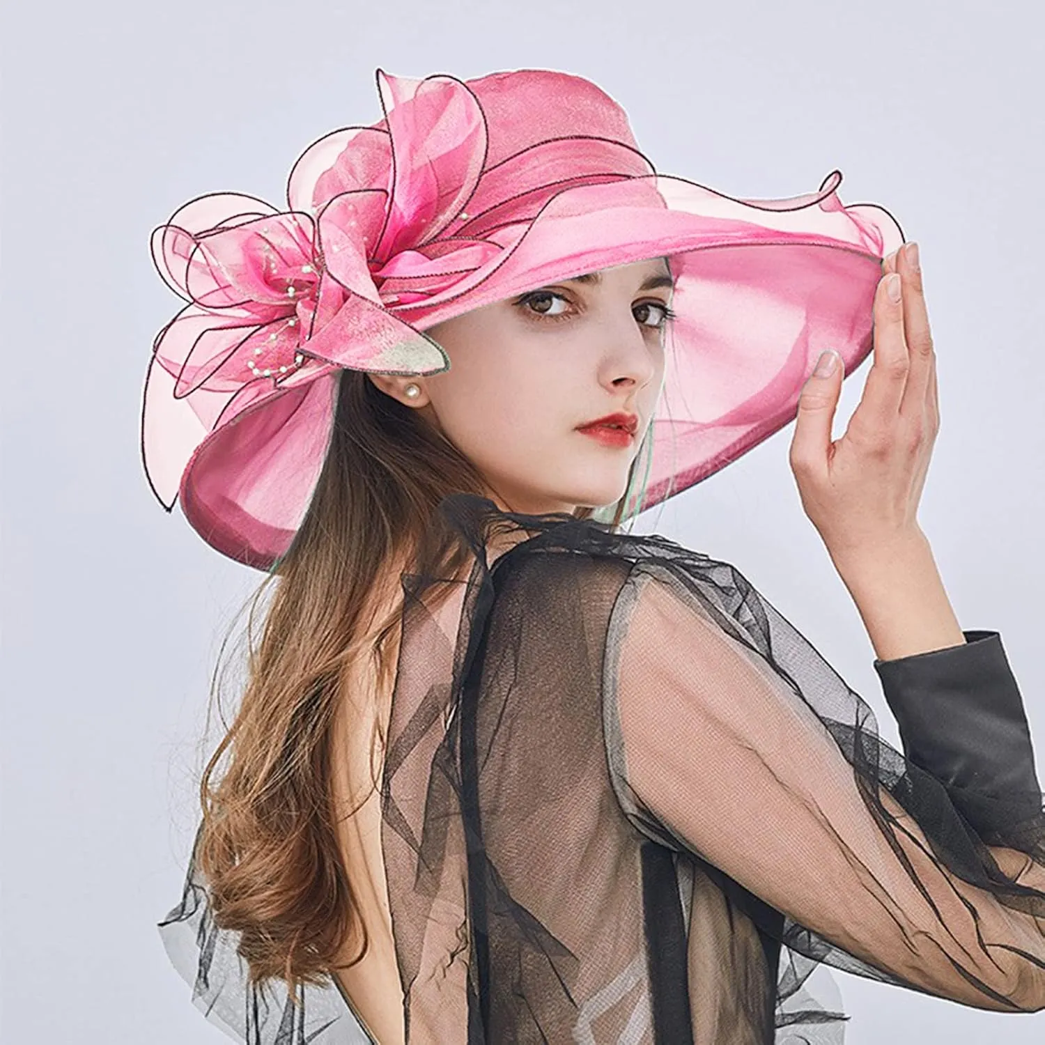 Church Hats for Women Organza Wide Brim Sun Hats with Flower Tea Party Church Bridal Beach Fascinators Bucket Hats