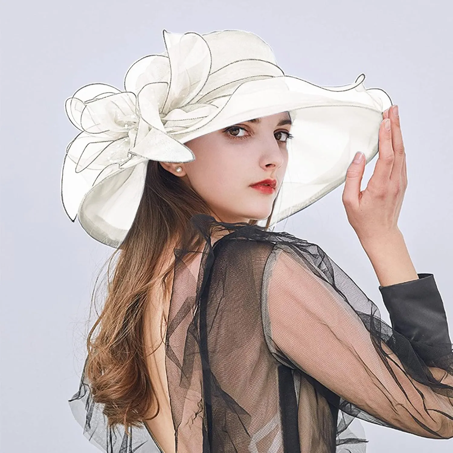Church Hats for Women Organza Wide Brim Sun Hats with Flower Tea Party Church Bridal Beach Fascinators Bucket Hats
