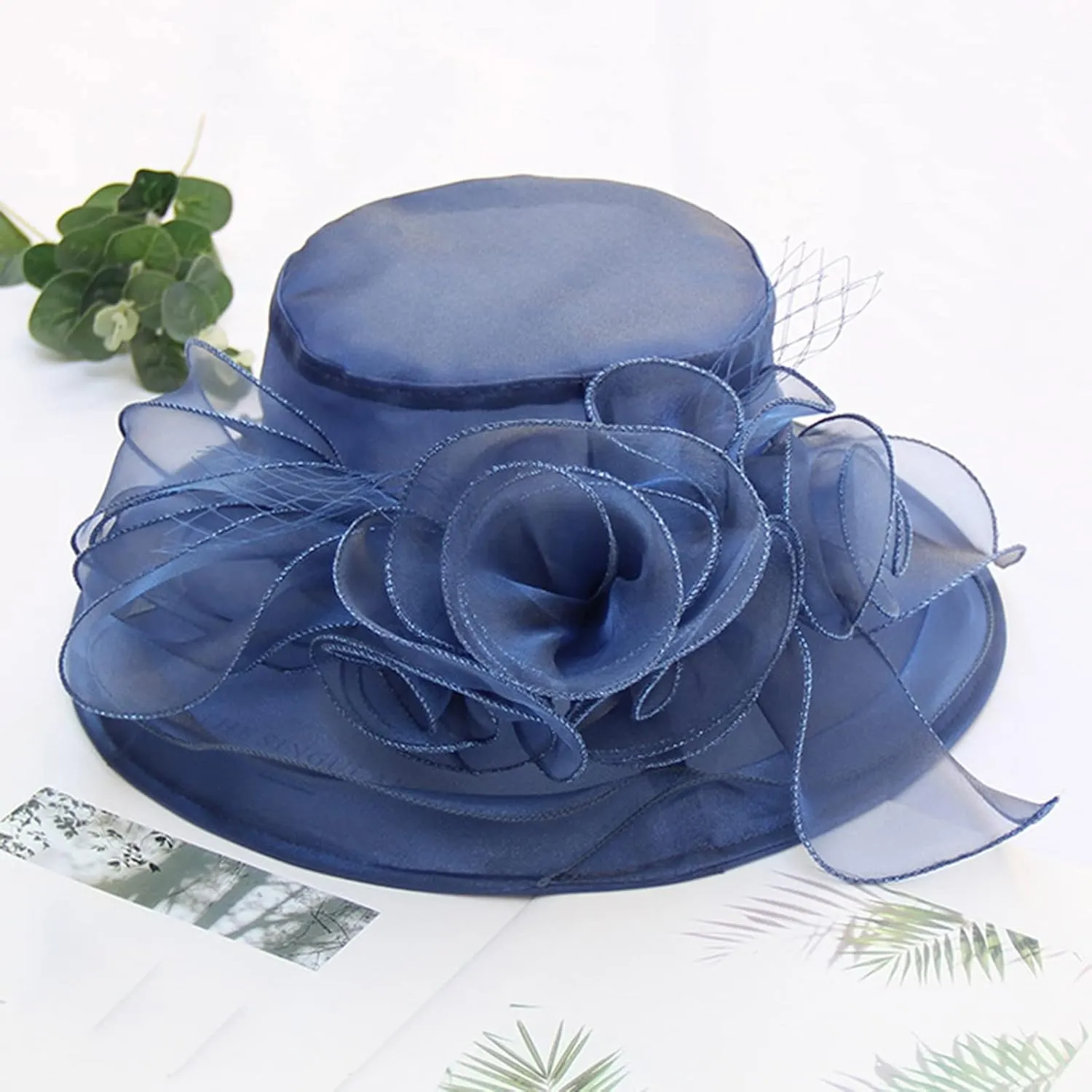 Church Hats for Women Organza Wide Brim Sun Hats with Flower Tea Party Church Bridal Beach Fascinators Bucket Hats