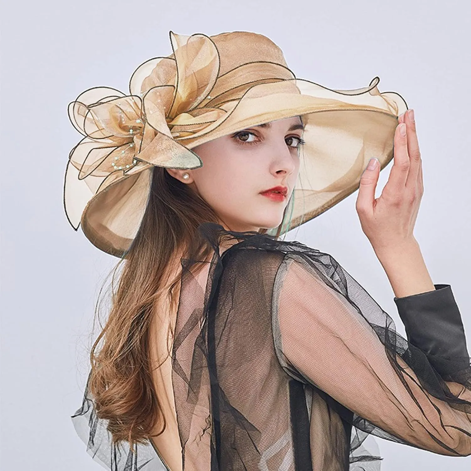 Church Hats for Women Organza Wide Brim Sun Hats with Flower Tea Party Church Bridal Beach Fascinators Bucket Hats