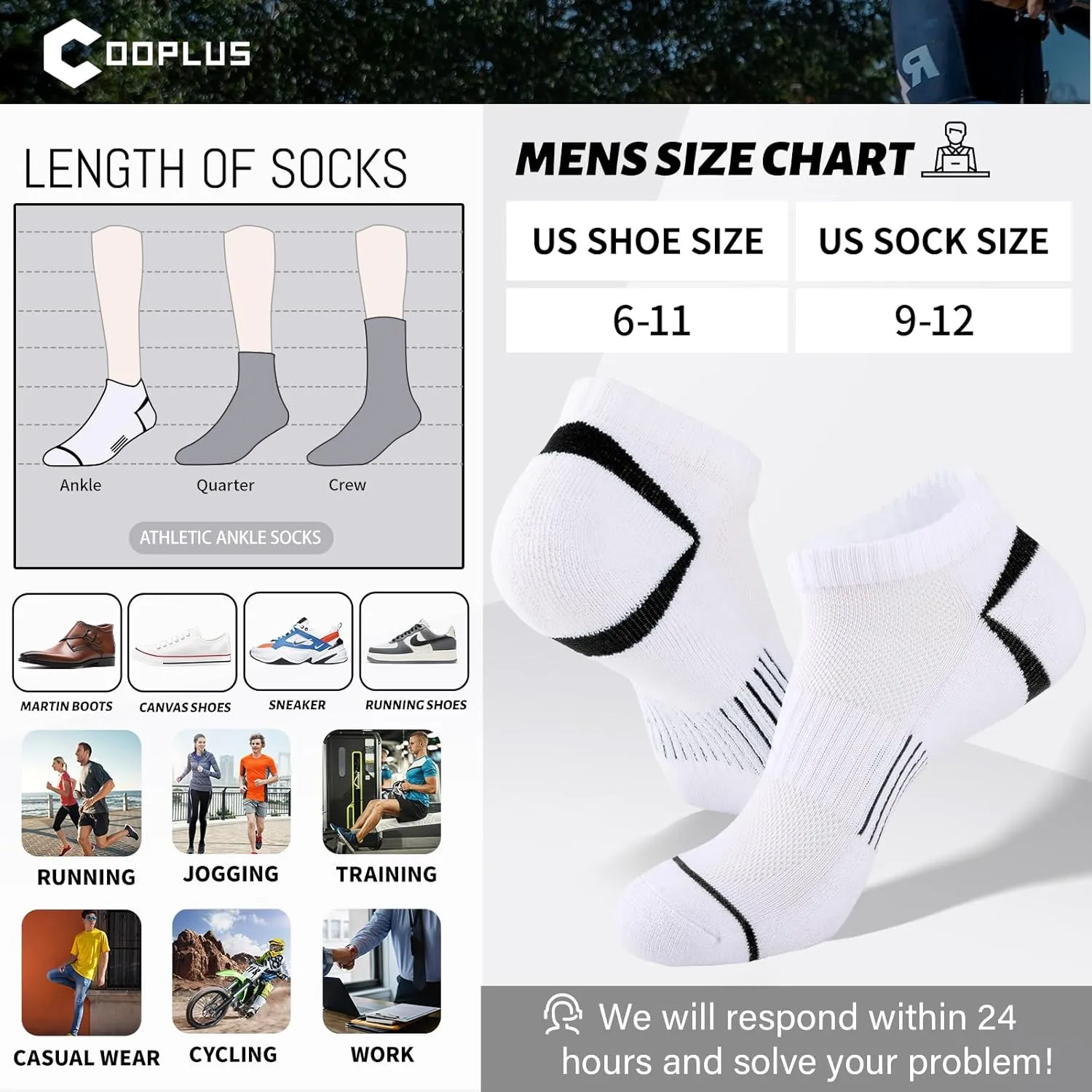 COOPLUS 12 Pack Men's Athletic Ankle Socks Cushioned Running Breathable Low Cut Casual Socks